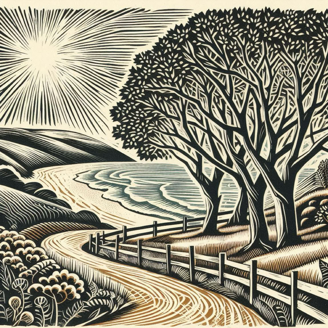 Vintage linocut print, winter landscape with barVintage linocut print, June landscape with trees in full leaf and a winding path leading down to the beach and sparkling sea, hills in the background, sun is shining, intricate crosshatching and carved texture, minimal colour woodcut style, 1930s printmaking aesthetic, detailed organic formse trees and winding path, hills in background, a forlorn cupid hunting through the trees, depicting loss of self-love