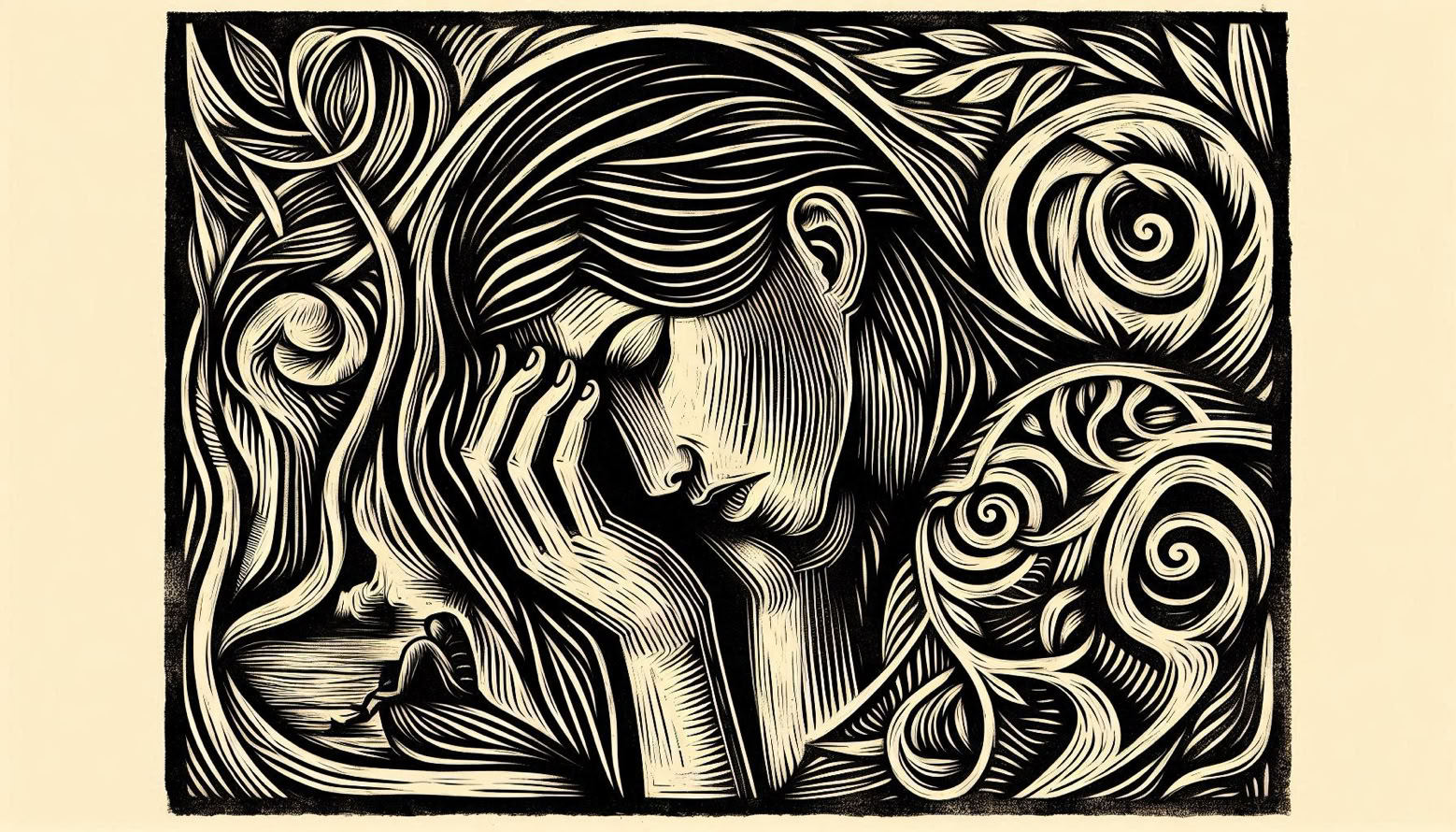 Vintage linocut print, illustration representing Why Setting Boundaries Feels Like Betrayal, no wording, intricate crosshatching and carved texture, minimal colour woodcut style, 1930s printmaking aesthetic, detailed organic forms