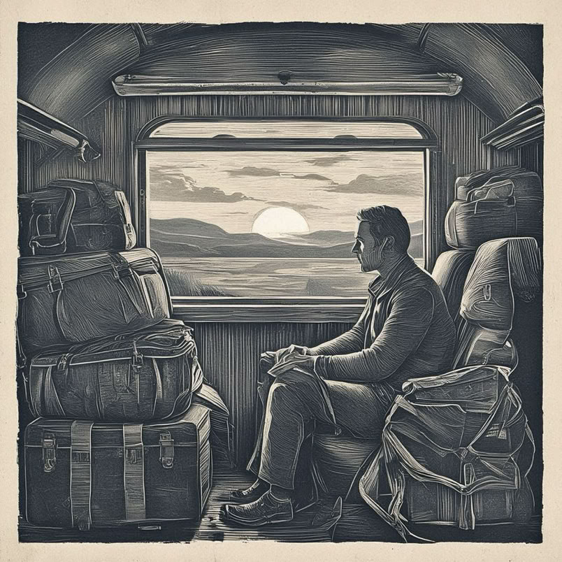 Vintage linocut print, of a man on a train unable to relax because of too much baggge