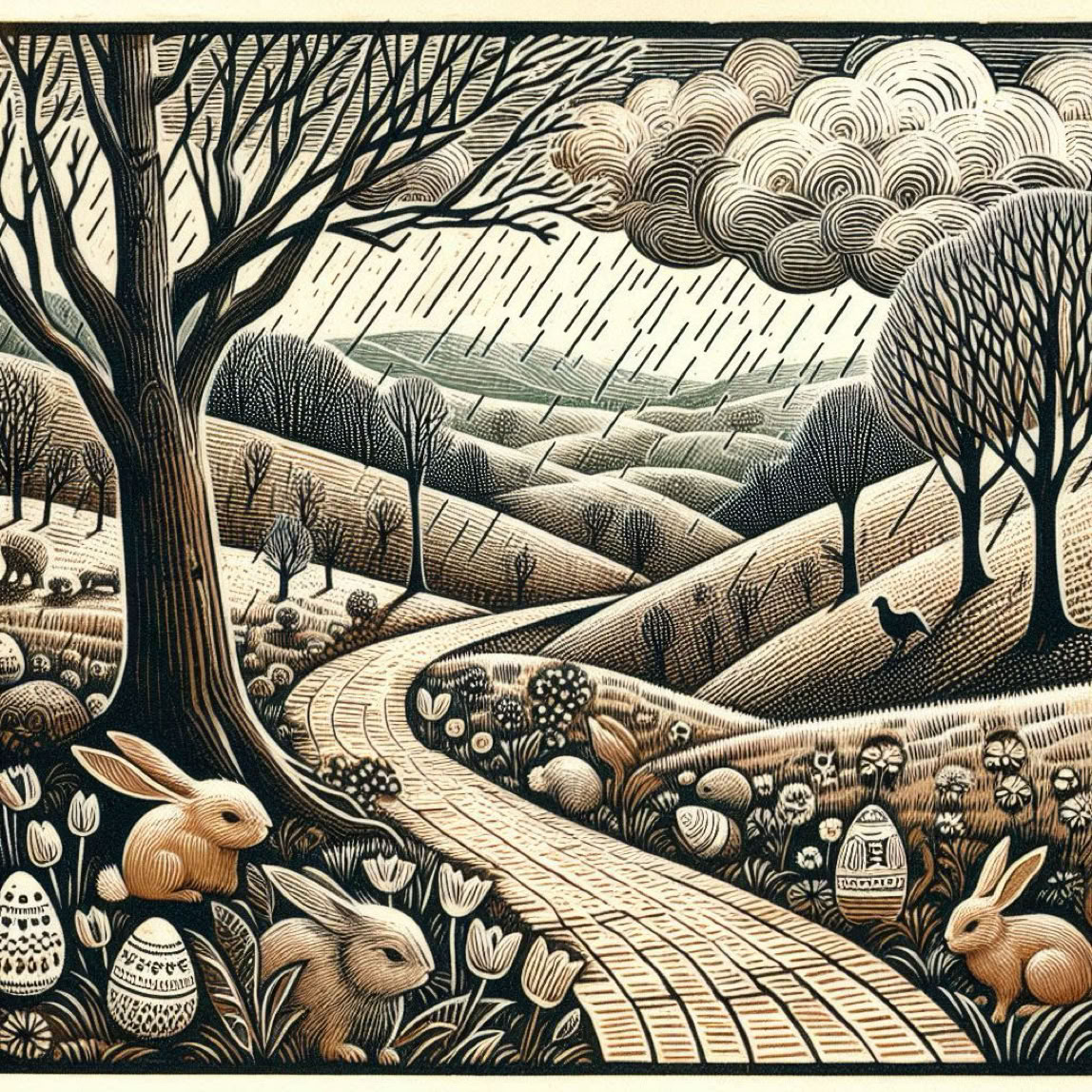 Vintage linocut print, winter landscape with bare trees and winding path, hills in background, a forlorn cupid hunting through the trees, depicting loss of self-love