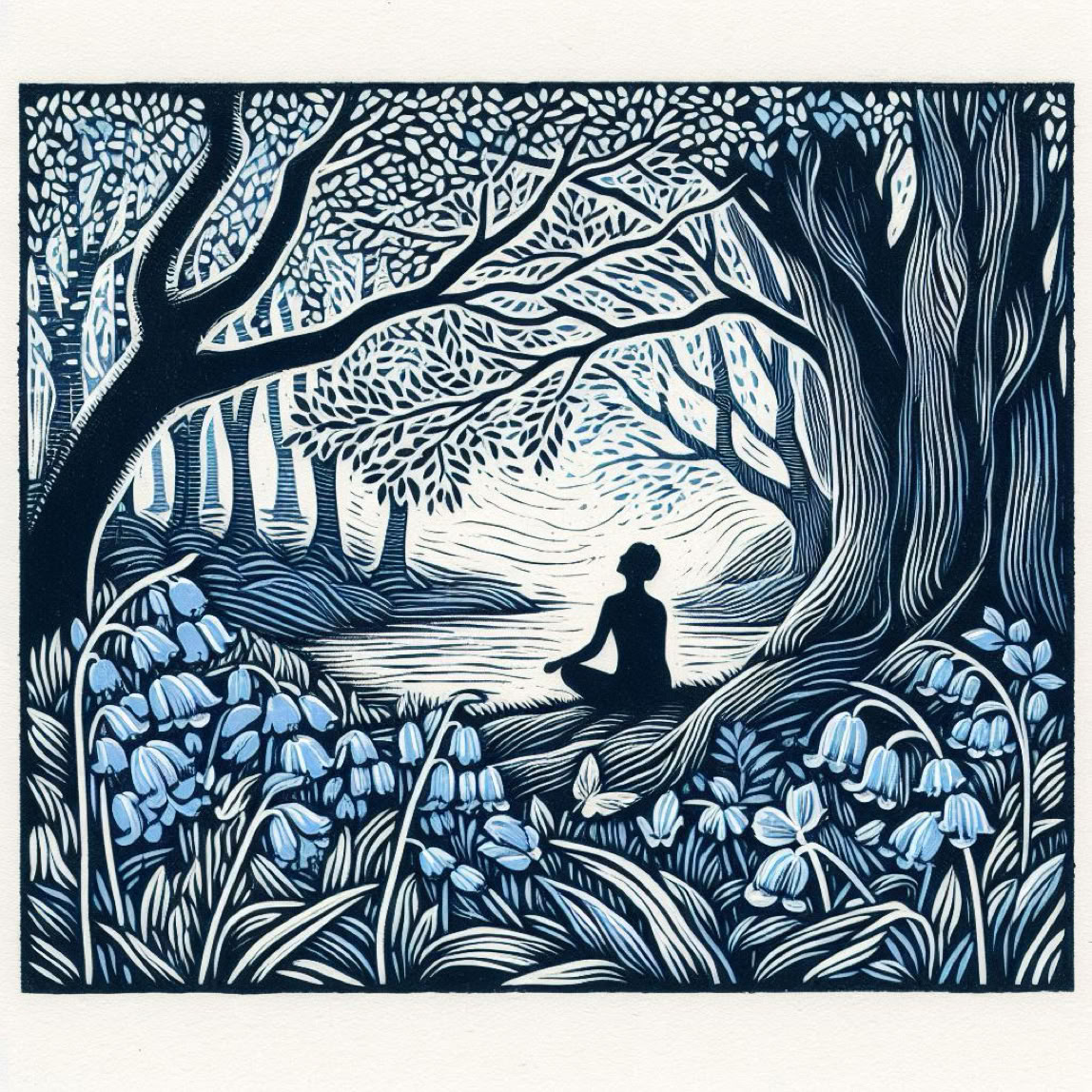 Vintage linocut print, of a man on a train unable to relax because of too much baggge