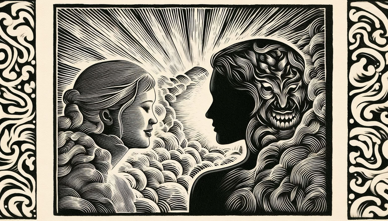 Vintage linocut print illustrating reflection of yourself in turmoil as keeping that promise to yourself is so hard