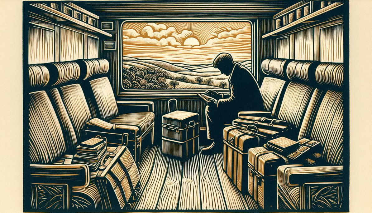 Vintage linocut print, of a man on a train unable to relax because of too much baggge