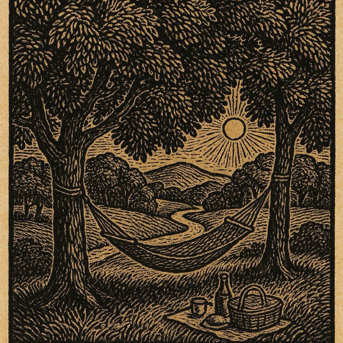 Vintage linocut print, illustrating relaxing midsummer in a hammock with a picnic
