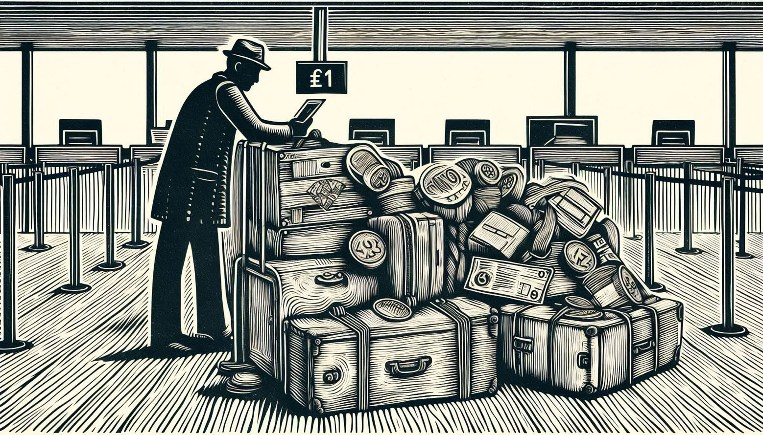 Vintage linocut print illustrating being overloaded with emotional baggage as you journey through life.