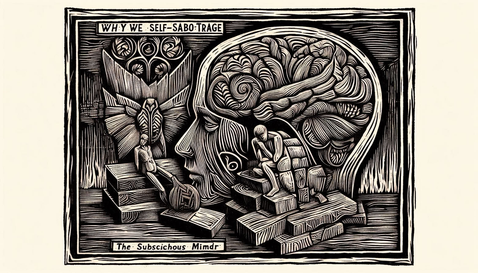 Vintage linocut style illustration depicting Why We Self-Sabotage: The Subconscious Mind and Self-Protection