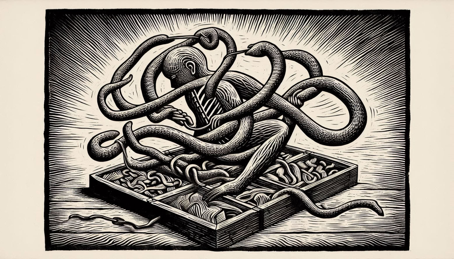 vintage linocut style illustration depicting the concept of learning to trust yourself having been deceived